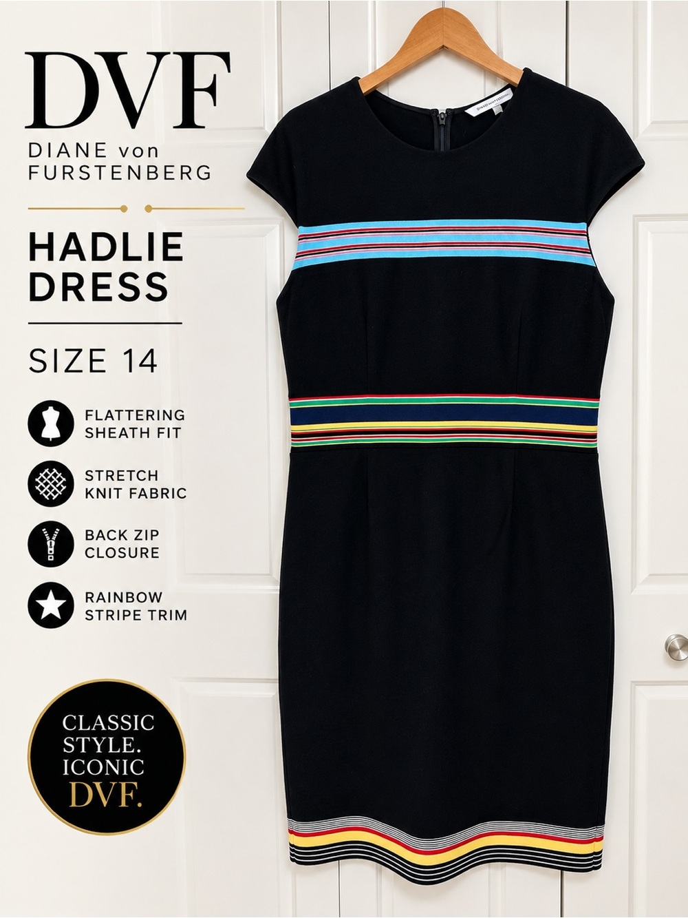 Diane von Furstenberg DVF Hadlie Dress Size 14 Black Knit Sheath Rainbow Stripe